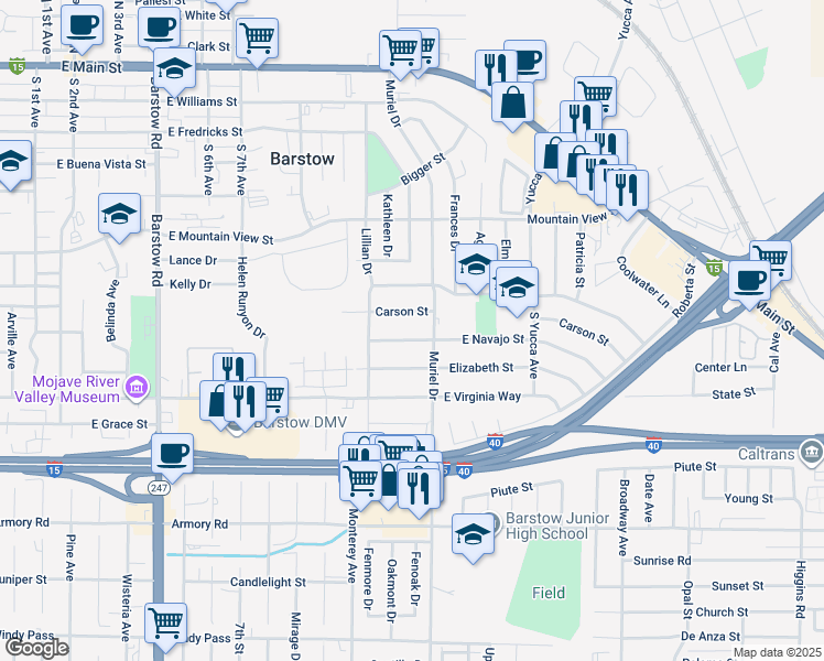 map of restaurants, bars, coffee shops, grocery stores, and more near 927 East Navajo Street in Barstow