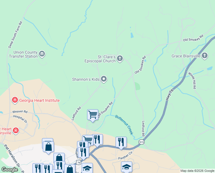 map of restaurants, bars, coffee shops, grocery stores, and more near 982 Ledford Road in Blairsville