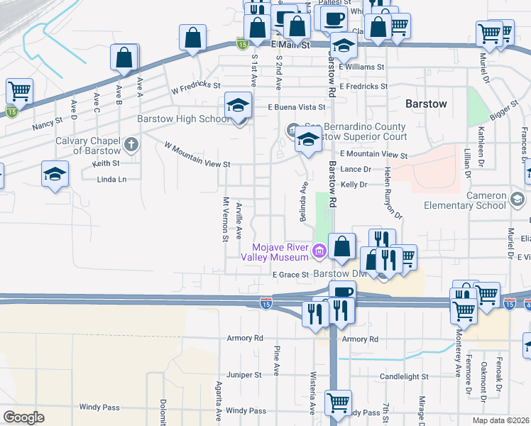 map of restaurants, bars, coffee shops, grocery stores, and more near 804 South 2nd Avenue in Barstow