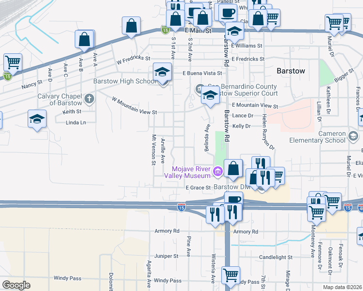 map of restaurants, bars, coffee shops, grocery stores, and more near 716 South 2nd Avenue in Barstow