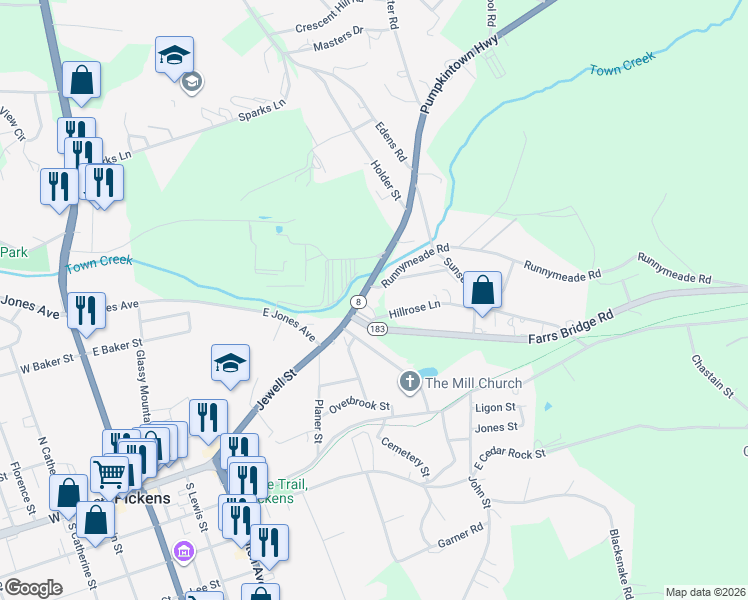 map of restaurants, bars, coffee shops, grocery stores, and more near 114 Pumpkintown Highway in Pickens