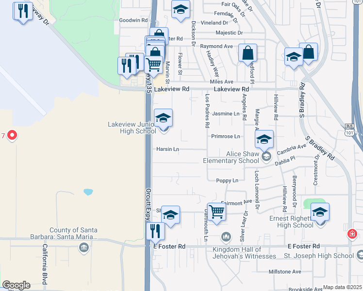 map of restaurants, bars, coffee shops, grocery stores, and more near 261 Harsin Lane in Santa Maria