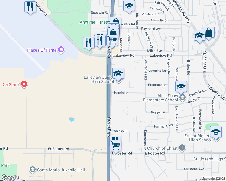 map of restaurants, bars, coffee shops, grocery stores, and more near 121 Harsin Lane in Santa Maria