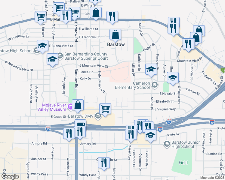 map of restaurants, bars, coffee shops, grocery stores, and more near Helen Runyon Drive in Barstow