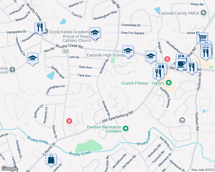 map of restaurants, bars, coffee shops, grocery stores, and more near 117 Noble Wing Ln in Taylors
