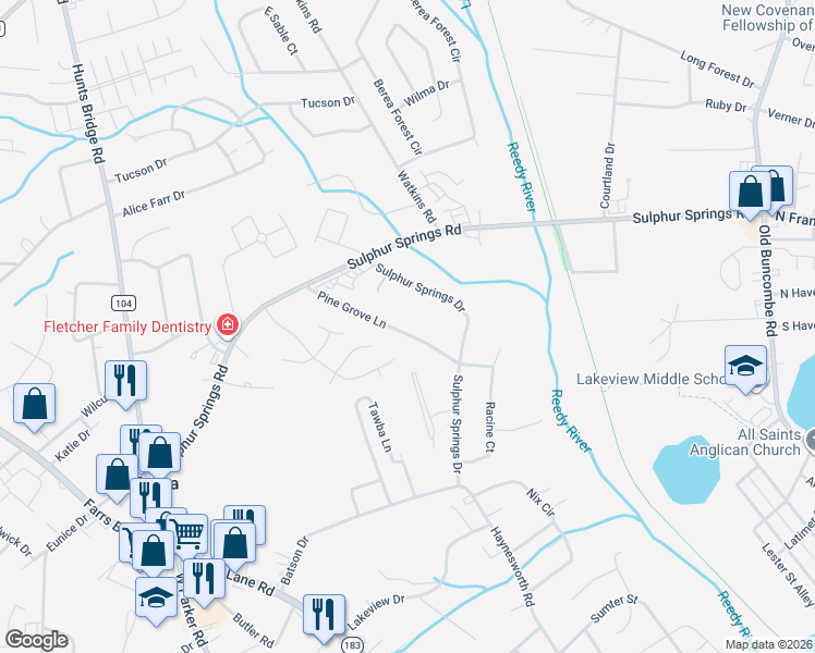 map of restaurants, bars, coffee shops, grocery stores, and more near 32 Pine Grove Lane in Greenville