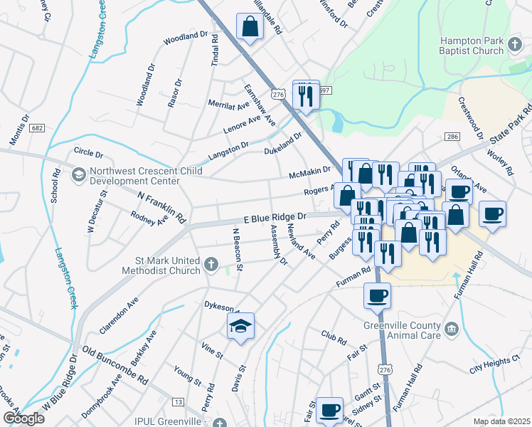 map of restaurants, bars, coffee shops, grocery stores, and more near 300 East Blue Ridge Drive in Greenville