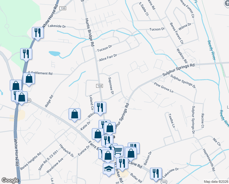 map of restaurants, bars, coffee shops, grocery stores, and more near 12 Chickasaw Drive in Greenville