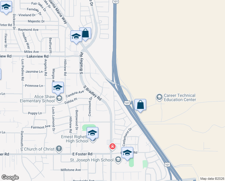 map of restaurants, bars, coffee shops, grocery stores, and more near 3827 Cherry Hill Road in Santa Maria