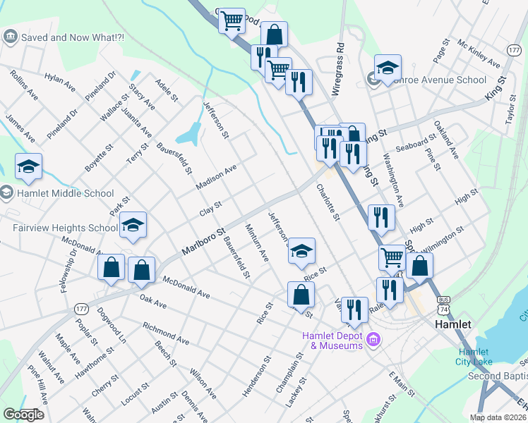 map of restaurants, bars, coffee shops, grocery stores, and more near 513 Jefferson Street in Hamlet