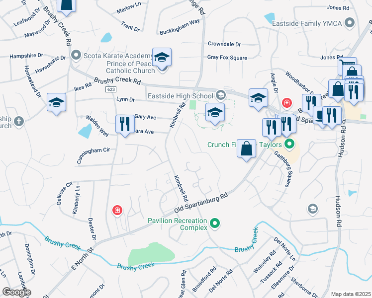 map of restaurants, bars, coffee shops, grocery stores, and more near 117 Noble Wing Ln in Taylors