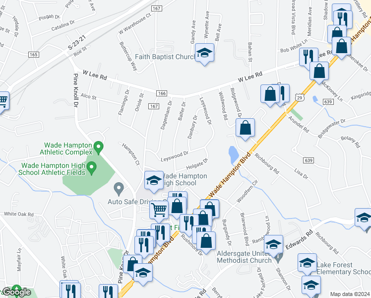 map of restaurants, bars, coffee shops, grocery stores, and more near 209 Leyswood Drive in Greenville
