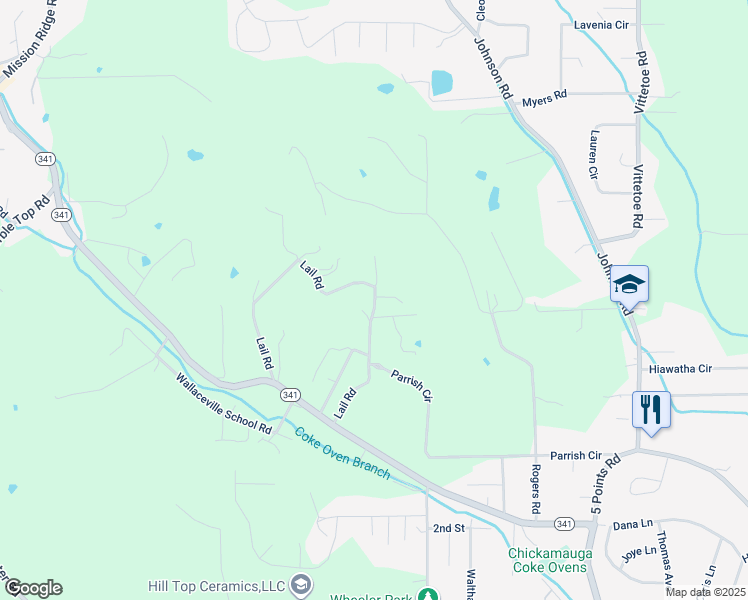 map of restaurants, bars, coffee shops, grocery stores, and more near 277 Lail Road in Chickamauga