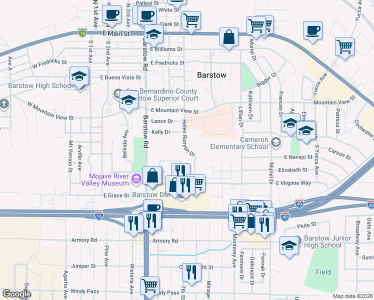 map of restaurants, bars, coffee shops, grocery stores, and more near Helen Runyon Drive in Barstow