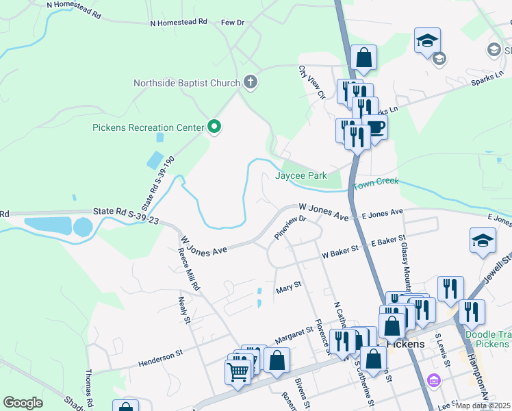 map of restaurants, bars, coffee shops, grocery stores, and more near 105 Patrick Lane in Pickens