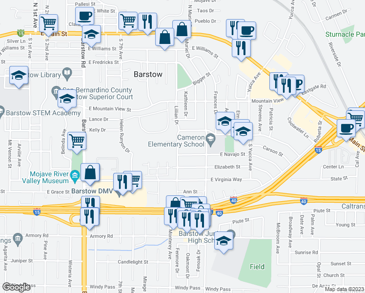 map of restaurants, bars, coffee shops, grocery stores, and more near 904 Carson Street in Barstow