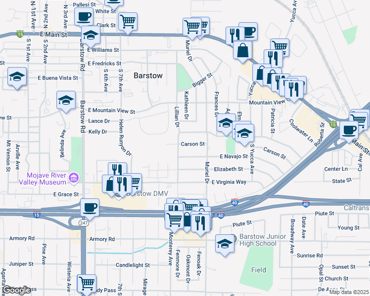 map of restaurants, bars, coffee shops, grocery stores, and more near 927 East Navajo Street in Barstow