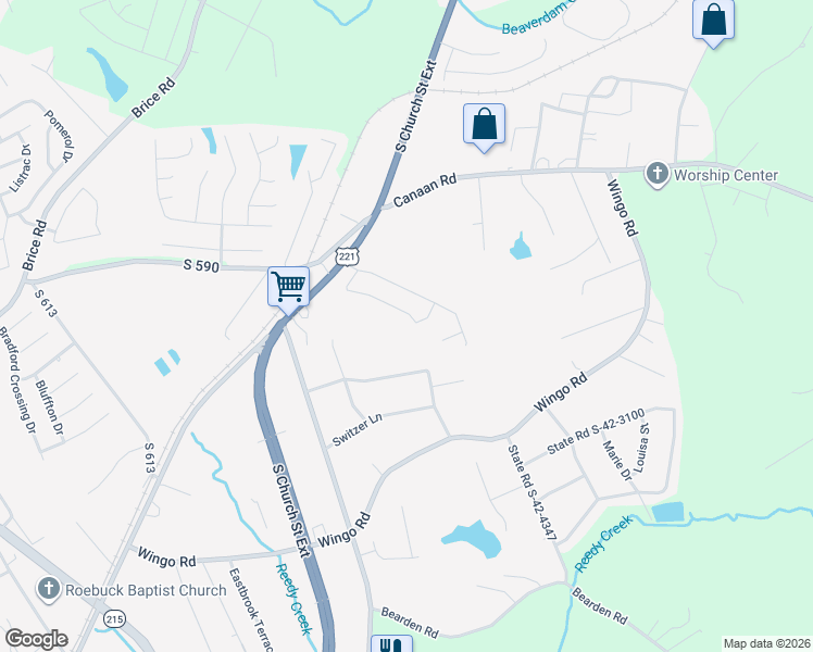 map of restaurants, bars, coffee shops, grocery stores, and more near 3901 South Church Street Extension in Roebuck
