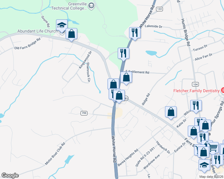 map of restaurants, bars, coffee shops, grocery stores, and more near 7853 White Horse Road in Greenville