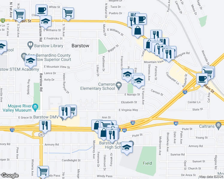 map of restaurants, bars, coffee shops, grocery stores, and more near 936 Carson Street in Barstow