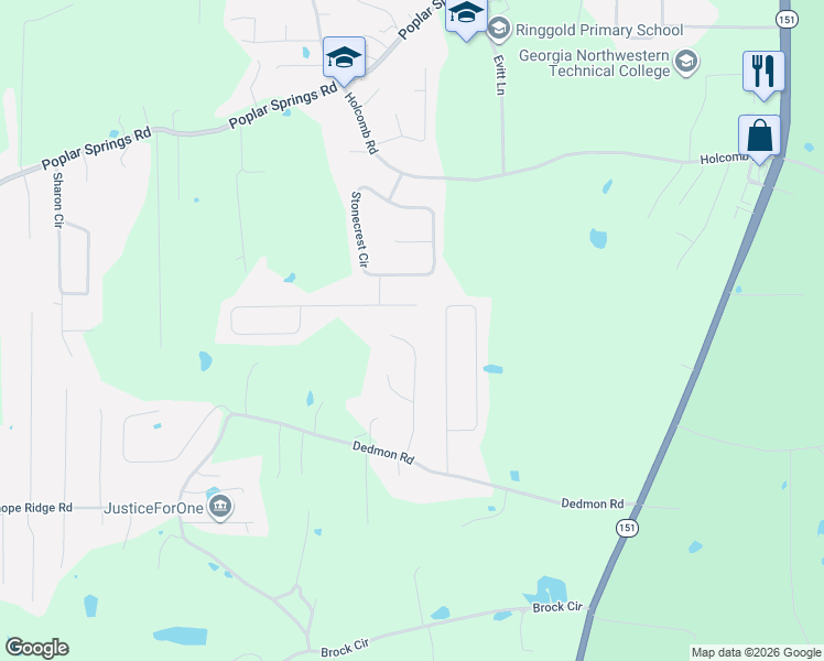 map of restaurants, bars, coffee shops, grocery stores, and more near 293 Bent Tree Drive in Ringgold