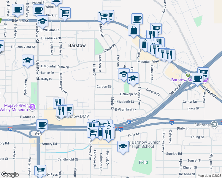 map of restaurants, bars, coffee shops, grocery stores, and more near 944 Carson Street in Barstow