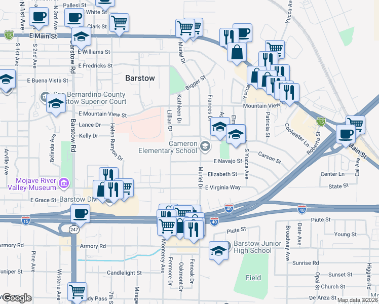 map of restaurants, bars, coffee shops, grocery stores, and more near 928 Carson Street in Barstow