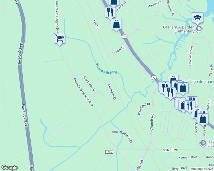 map of restaurants, bars, coffee shops, grocery stores, and more near 23 Cherokee Circle in Havelock