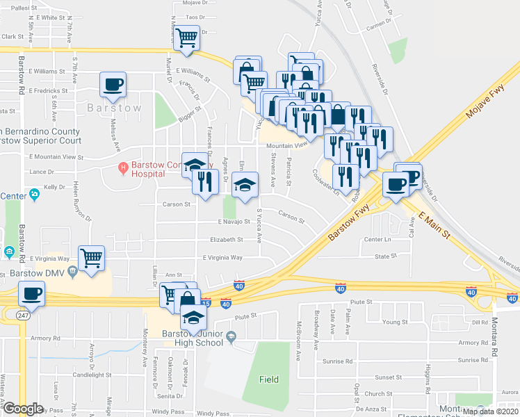 map of restaurants, bars, coffee shops, grocery stores, and more near 849 South Yucca Street in Barstow