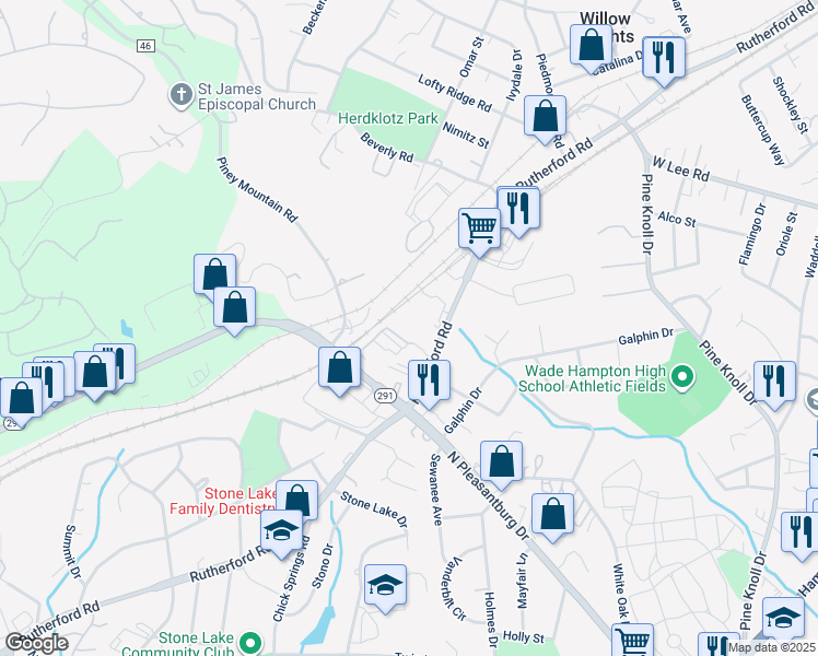 map of restaurants, bars, coffee shops, grocery stores, and more near 1303 Rutherford Road in Greenville