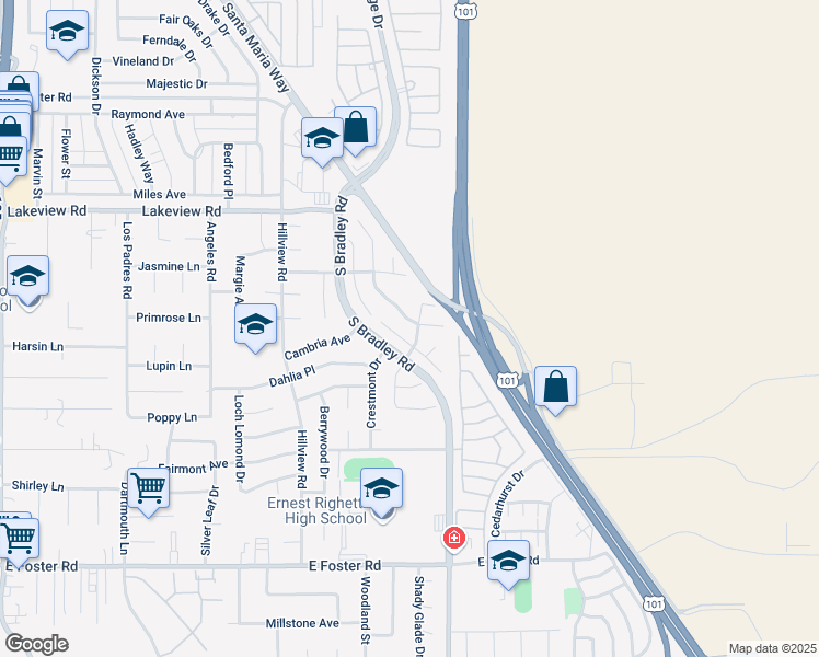 map of restaurants, bars, coffee shops, grocery stores, and more near 3835 Les Maisons Drive in Santa Maria