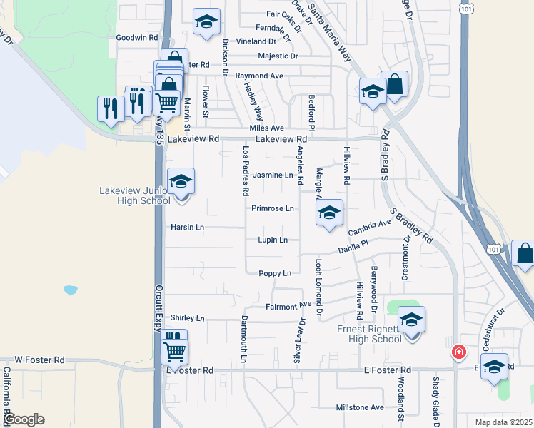 map of restaurants, bars, coffee shops, grocery stores, and more near 538 Primrose Lane in Santa Maria