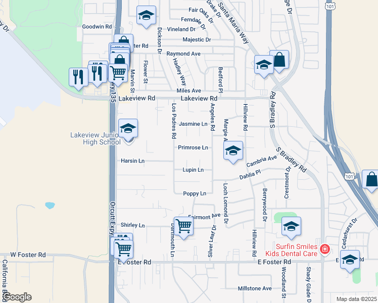 map of restaurants, bars, coffee shops, grocery stores, and more near 538 Primrose Lane in Santa Maria