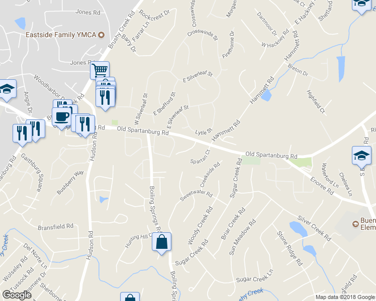 map of restaurants, bars, coffee shops, grocery stores, and more near 120 Hudson Way in Greer