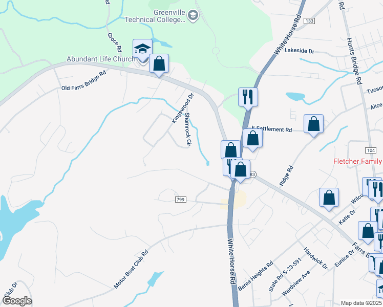 map of restaurants, bars, coffee shops, grocery stores, and more near 32 Shamrock Circle in Greenville