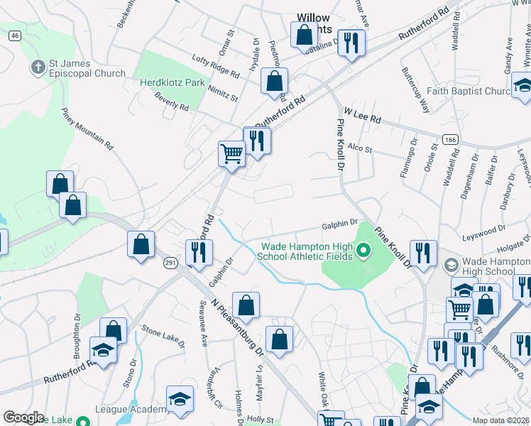 map of restaurants, bars, coffee shops, grocery stores, and more near 3640 North Acres Drive in Greenville