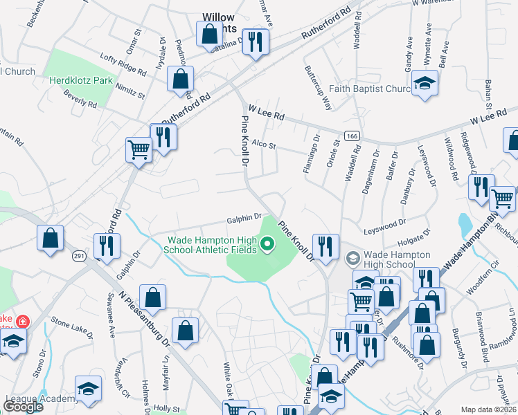 map of restaurants, bars, coffee shops, grocery stores, and more near 306 Pine Knoll Drive in Greenville