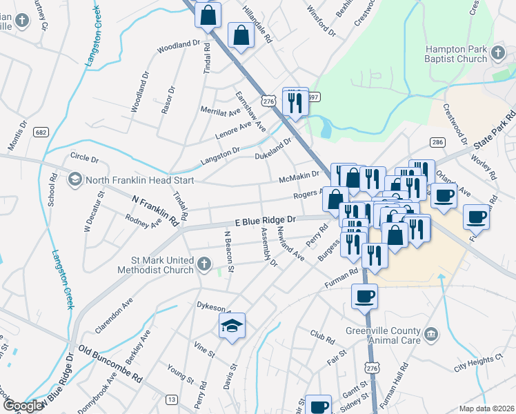 map of restaurants, bars, coffee shops, grocery stores, and more near 301 Rogers Avenue in Greenville
