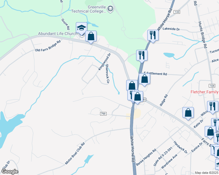 map of restaurants, bars, coffee shops, grocery stores, and more near 32 Shamrock Circle in Greenville