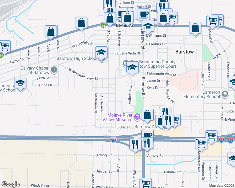 map of restaurants, bars, coffee shops, grocery stores, and more near 701 South 2nd Avenue in Barstow