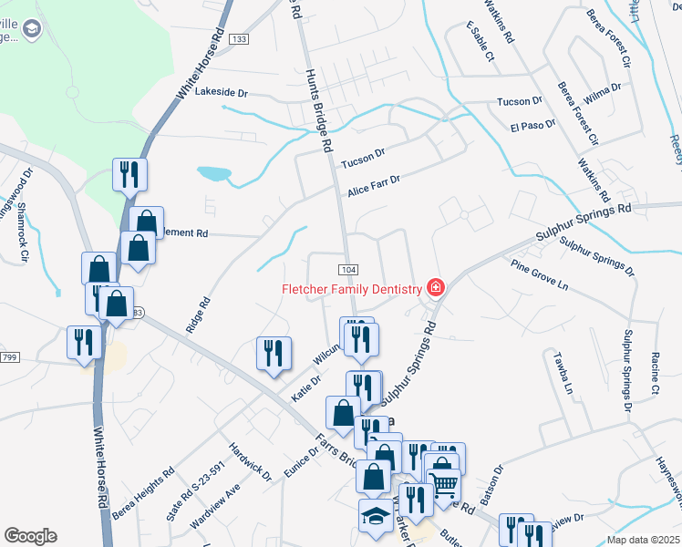 map of restaurants, bars, coffee shops, grocery stores, and more near 211 Hunts Bridge Road in Greenville