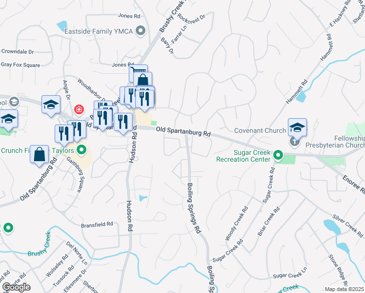 map of restaurants, bars, coffee shops, grocery stores, and more near 88 Boiling Springs Road in Greer