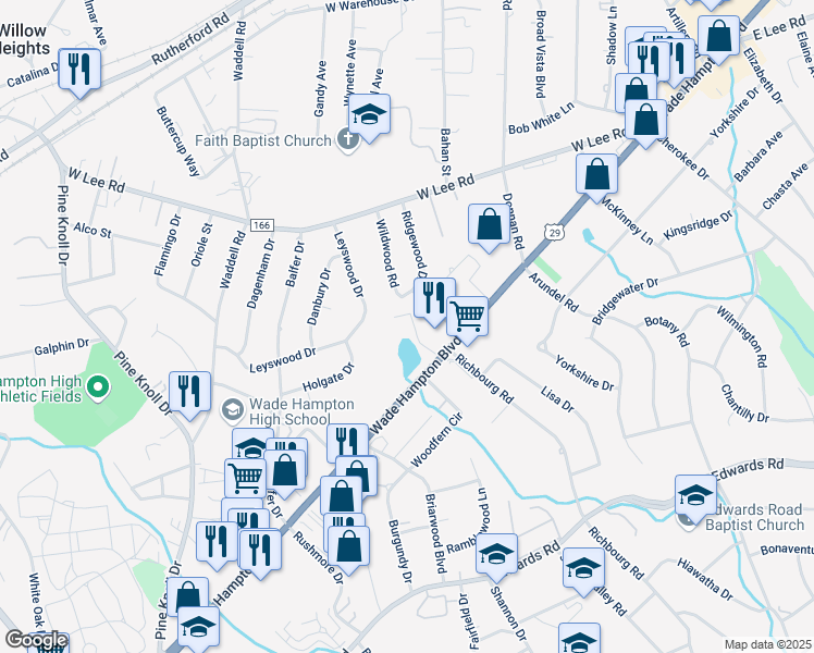 map of restaurants, bars, coffee shops, grocery stores, and more near 2311 Wade Hampton Boulevard in Greenville