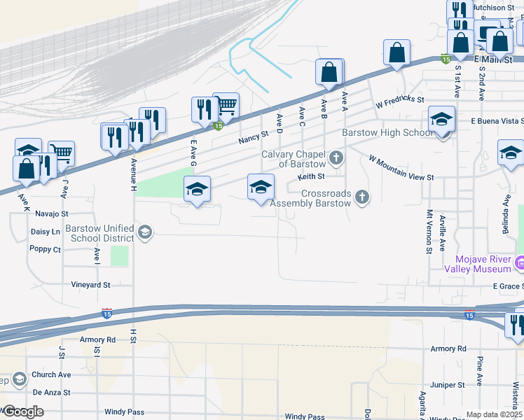 map of restaurants, bars, coffee shops, grocery stores, and more near 400 Avenue East in Barstow