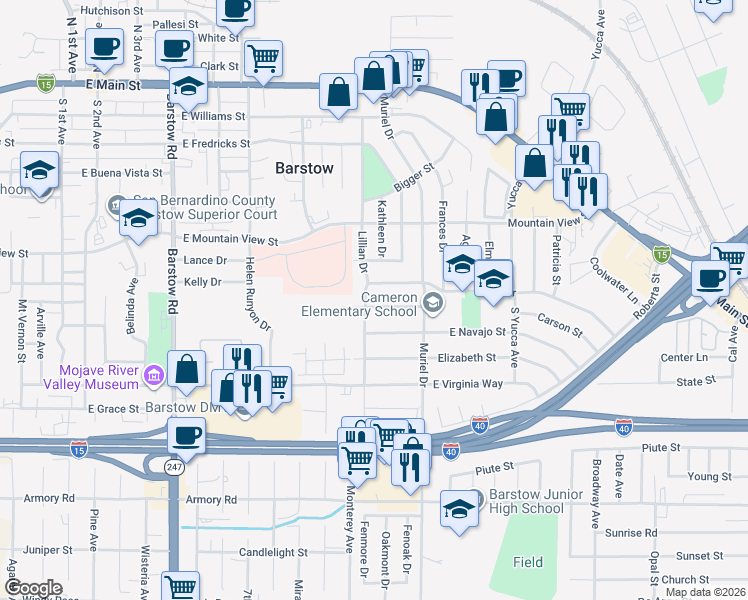 map of restaurants, bars, coffee shops, grocery stores, and more near 905 Carson Street in Barstow