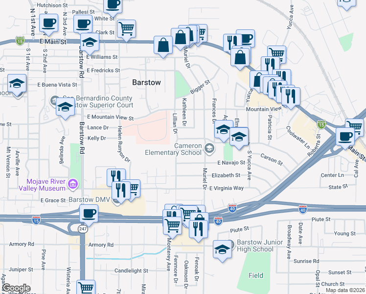 map of restaurants, bars, coffee shops, grocery stores, and more near 920 Kelly Drive in Barstow
