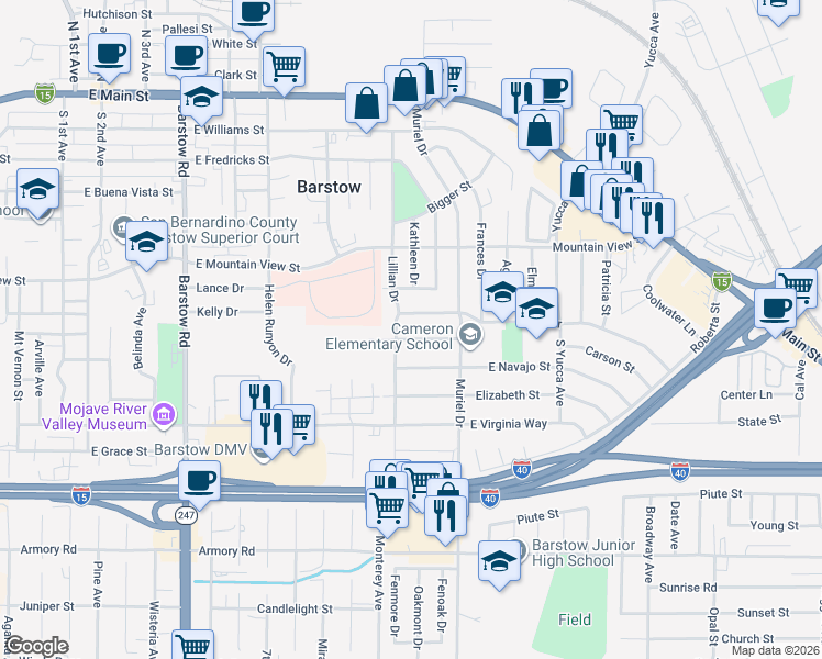 map of restaurants, bars, coffee shops, grocery stores, and more near 920 Kelly Drive in Barstow