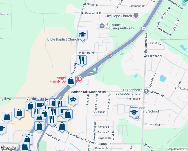 map of restaurants, bars, coffee shops, grocery stores, and more near 2711 T P White Drive in Jacksonville
