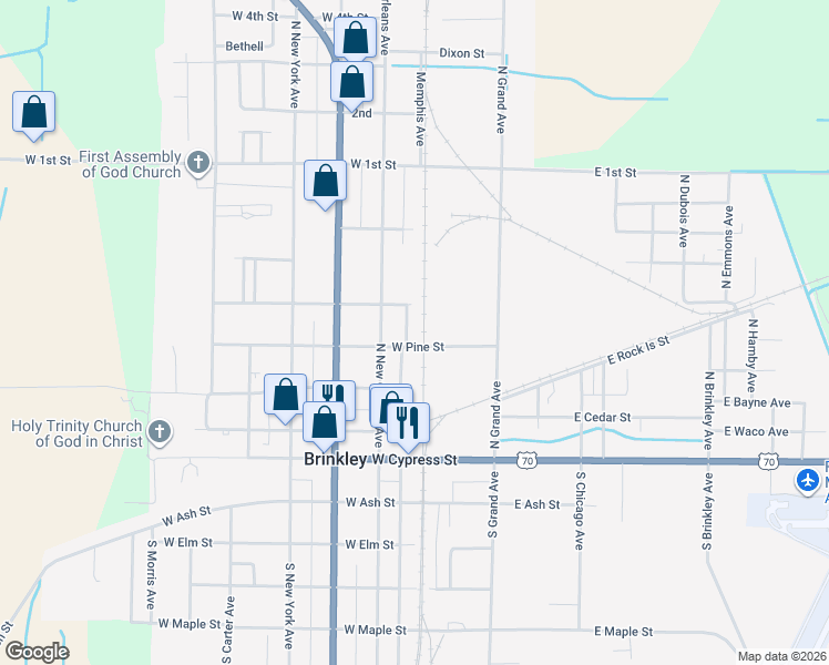 map of restaurants, bars, coffee shops, grocery stores, and more near 406 North Rice Street in Brinkley