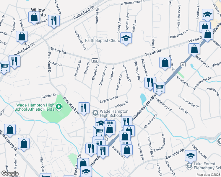 map of restaurants, bars, coffee shops, grocery stores, and more near 220 Balfer Drive in Greenville